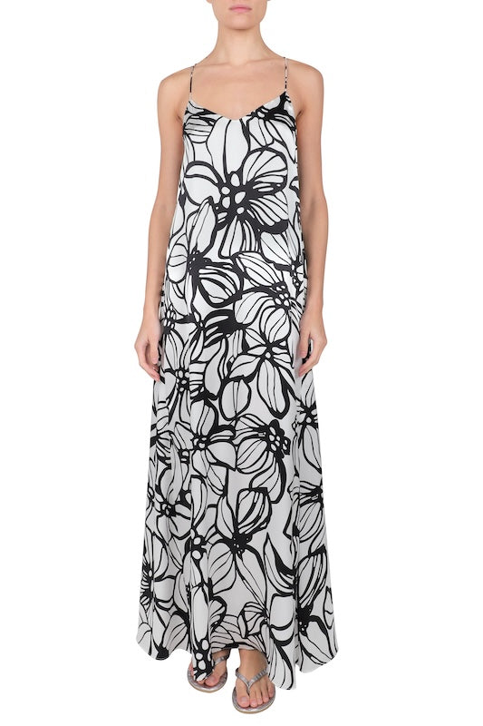 Silk Satin Sun Dress ( Hibiscus White Black)