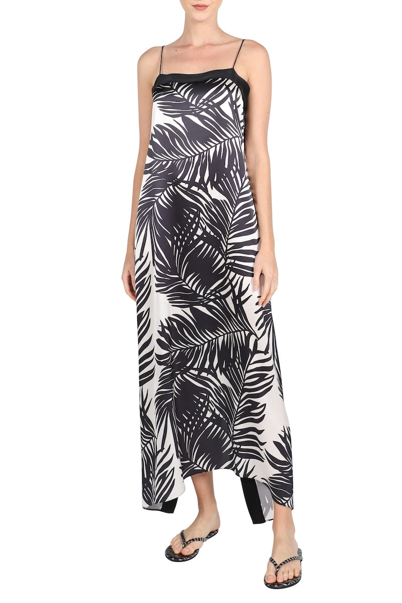Printed Back Tie Dress ( White Black Palm)