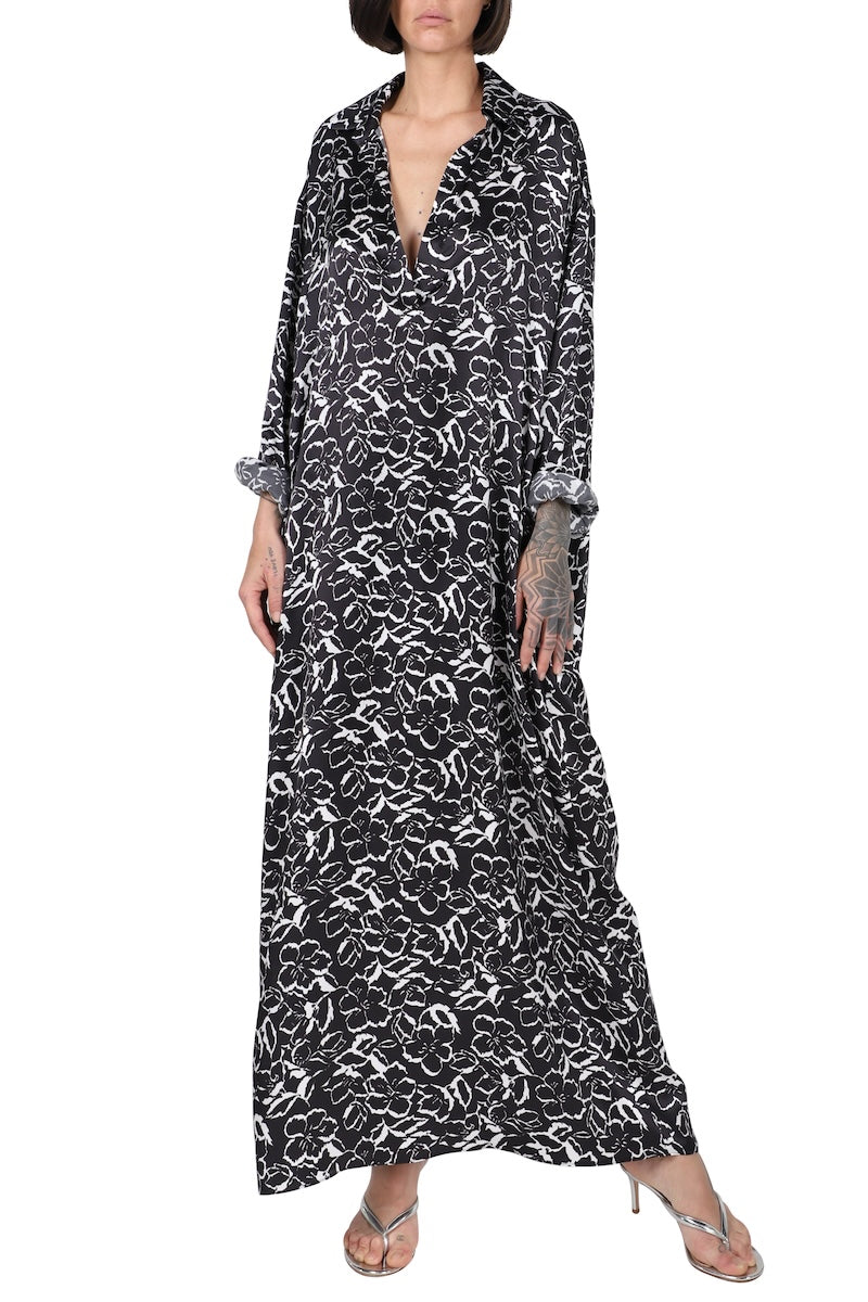 Flower Satin Dress (Black White)