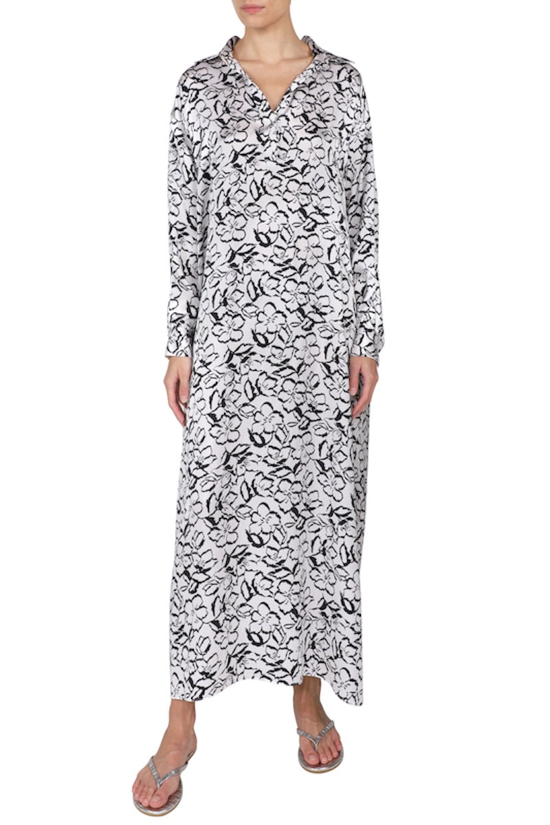 Flower Satin Dress (White Black)