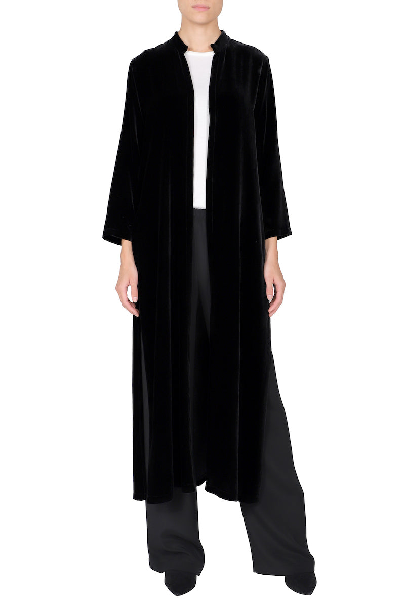 Silk Velour Mandarin Collar Coat (Black)