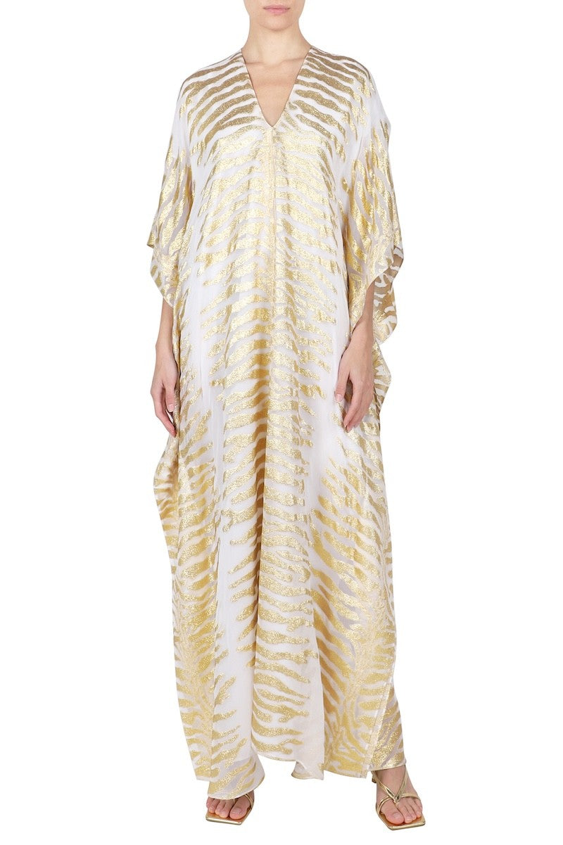 Metallic Tiger Lined Boubou Caftan (White Gold)