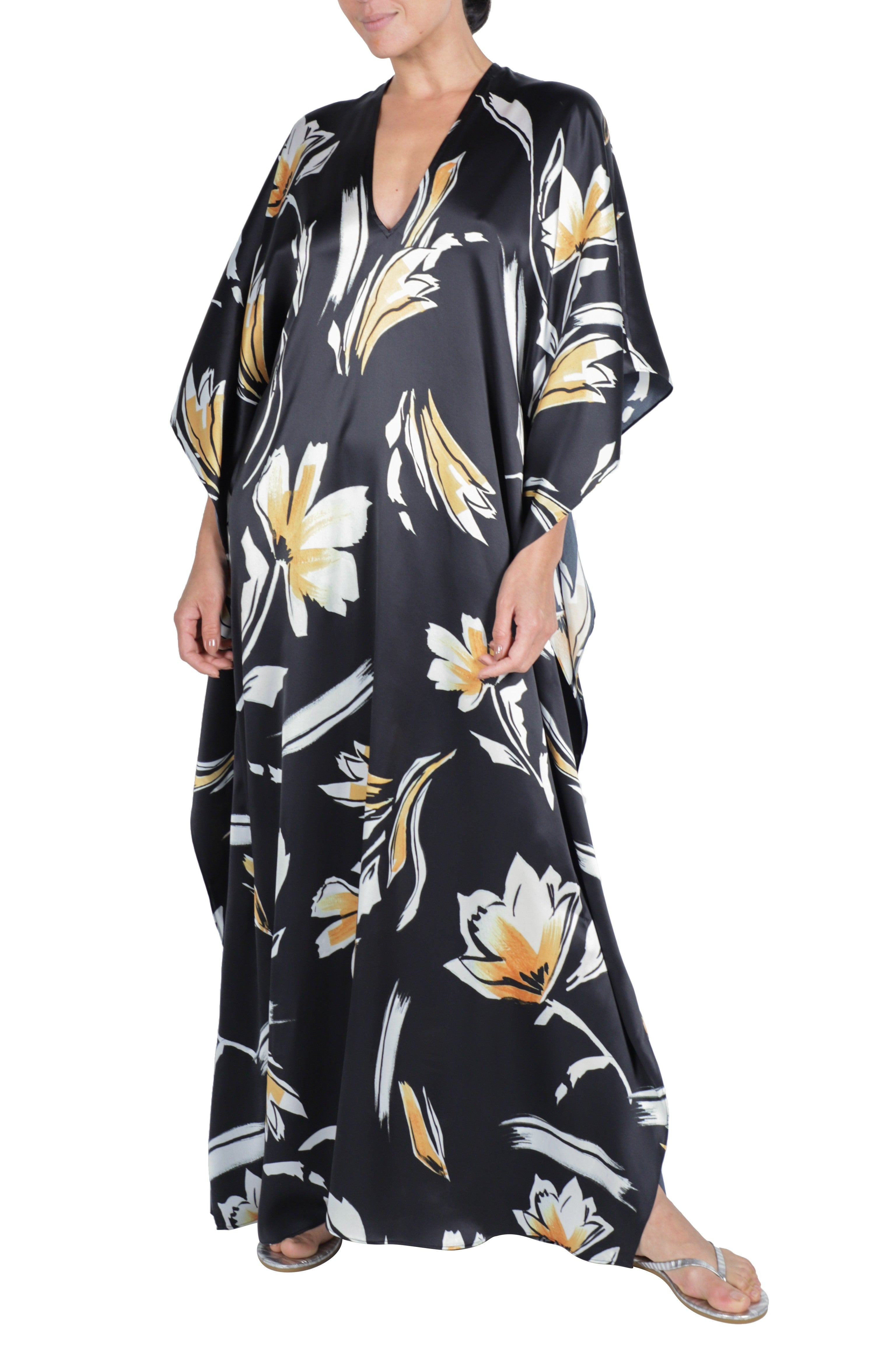 Silk Satin Brushstroke Boubou Caftan ( Black Gold)