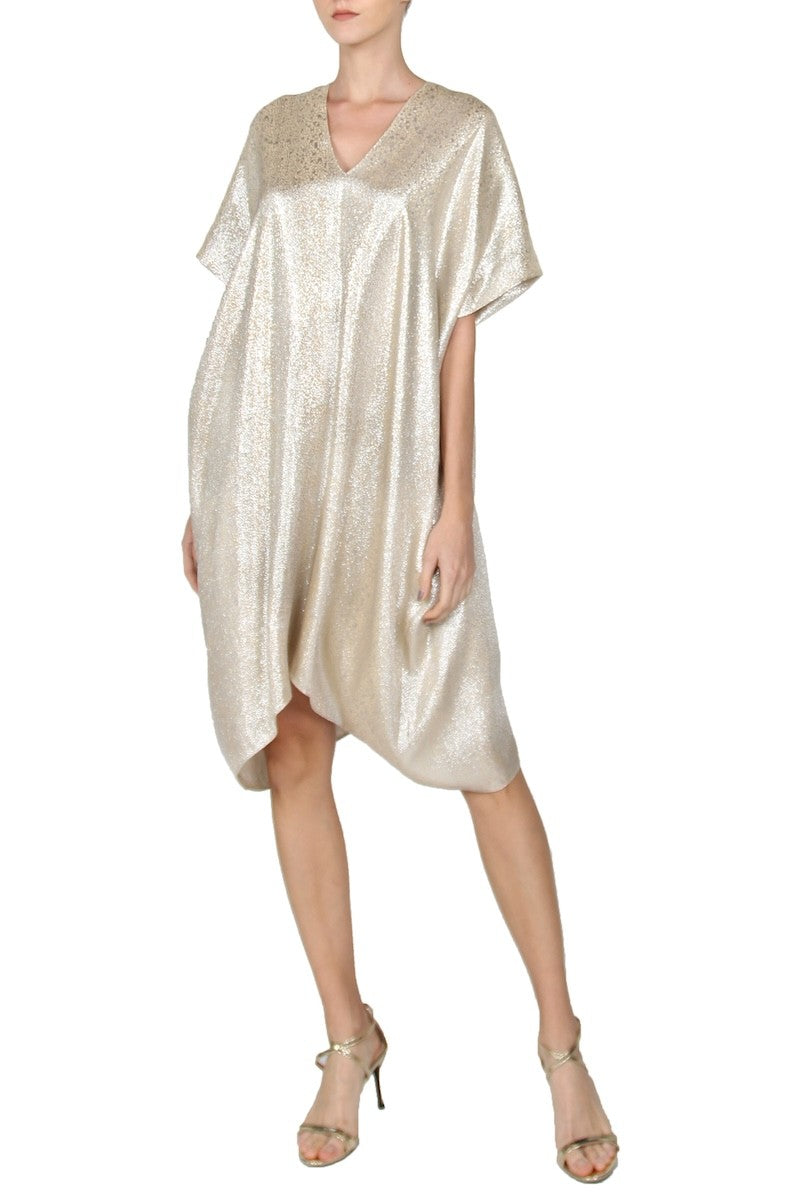 Midi Metallic Silk Chiffon Boubou Caftan One Size Luxury Gold Evening Kaftan