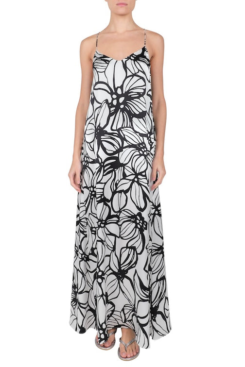 Silk Satin Sun Dress ( Hibiscus White Black)