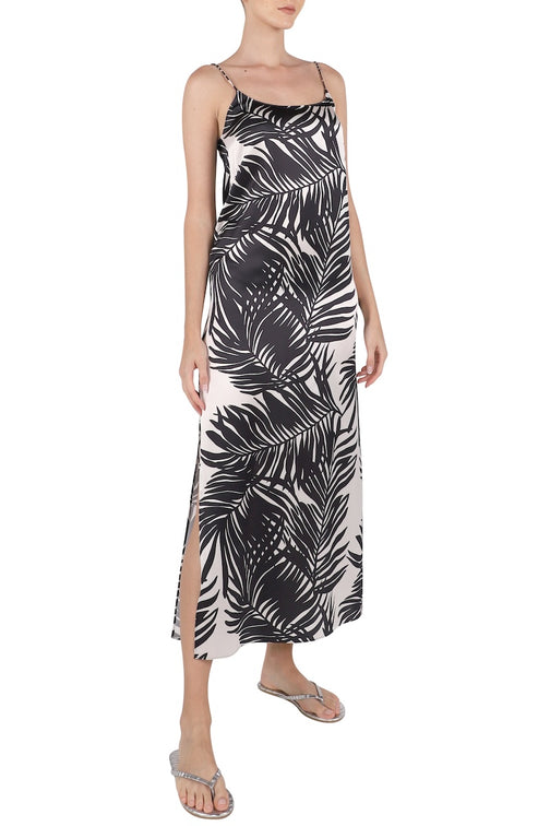 Printed Silk Cami Dress ( White Black Palm)