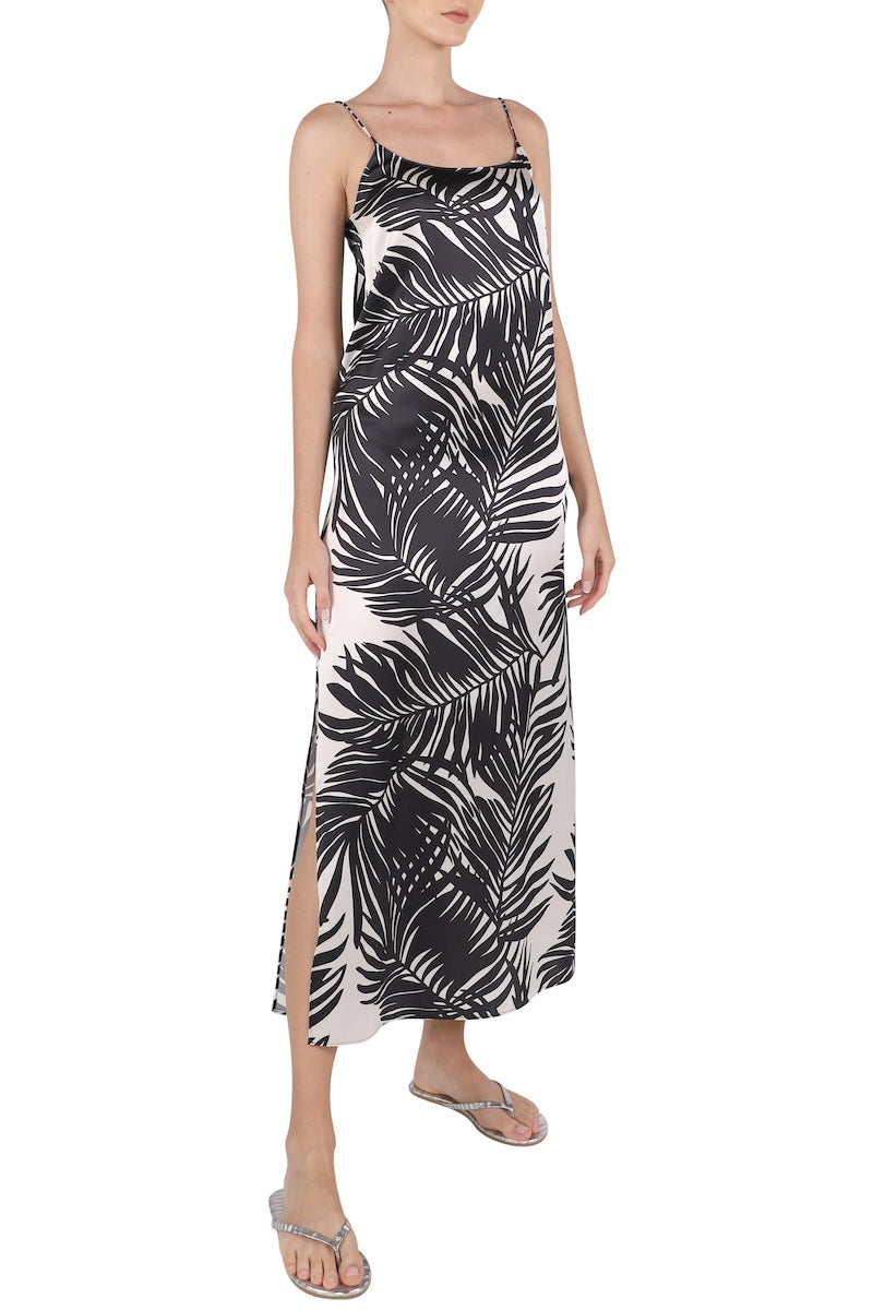 Printed Silk Cami Dress ( White Black Palm)
