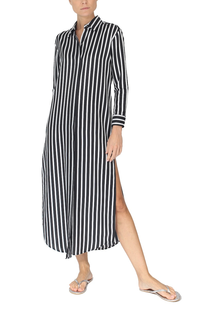 Silk Button Down Dress ( White Black Stripes)