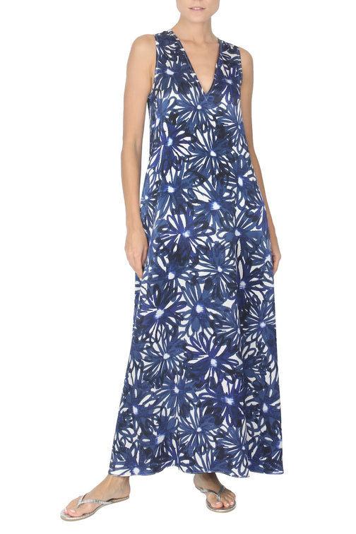 Daisy V Neck Long Dress ( Blue Black Flowers)