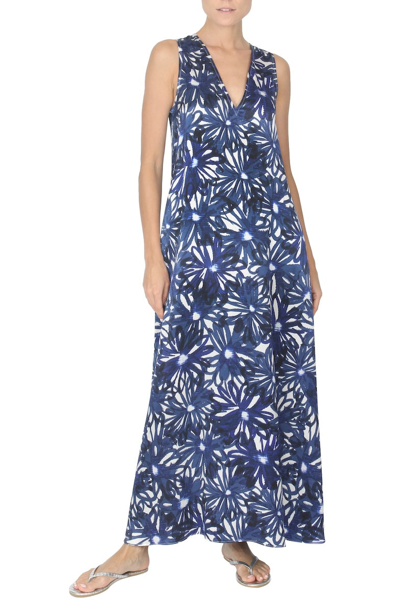Daisy V Neck Long Dress ( Blue Black Flowers)