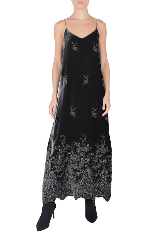 Embroidered Velvet Cami Dress ( Grey Silver)