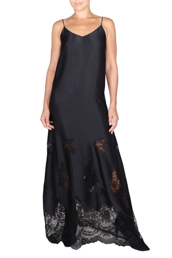 Embroidered Lace Velour Cami Dress in Black