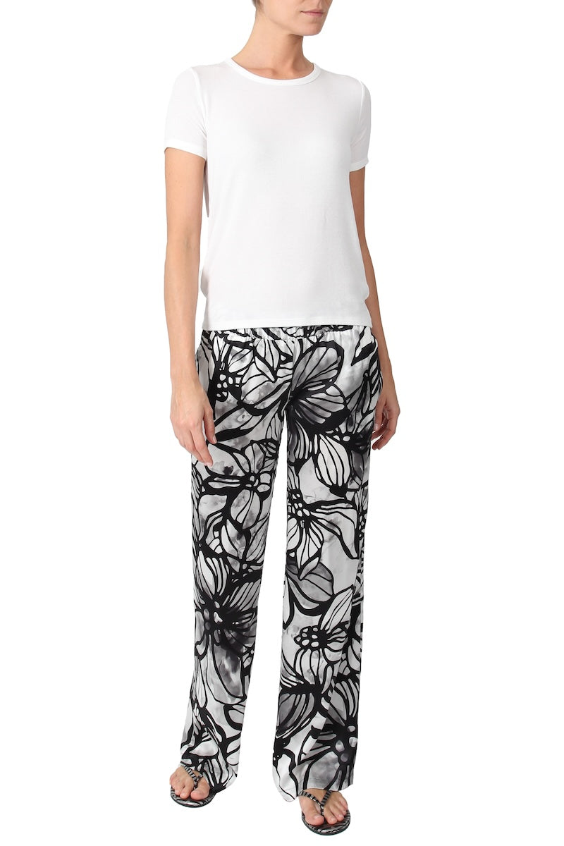 Satin Flare Pants (Hibiscus White Black)