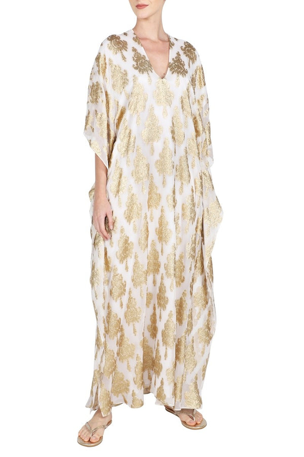 Zatic Lurex Silk Chiffon Boubou Caftan One Size Luxury White and Gold Jacquard Kaftan