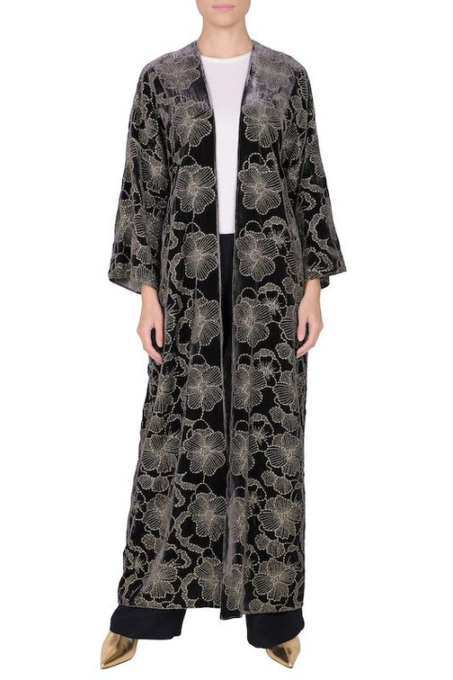 Silk Velour Embroidered Cover Up (Dark Grey Gold)