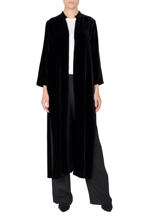 Silk Velour Mandarin Collar Coat (Black)