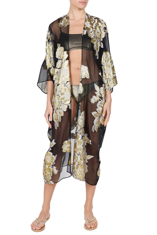 Metallic Silk Flower Babani Cover Up (Black Gold White)