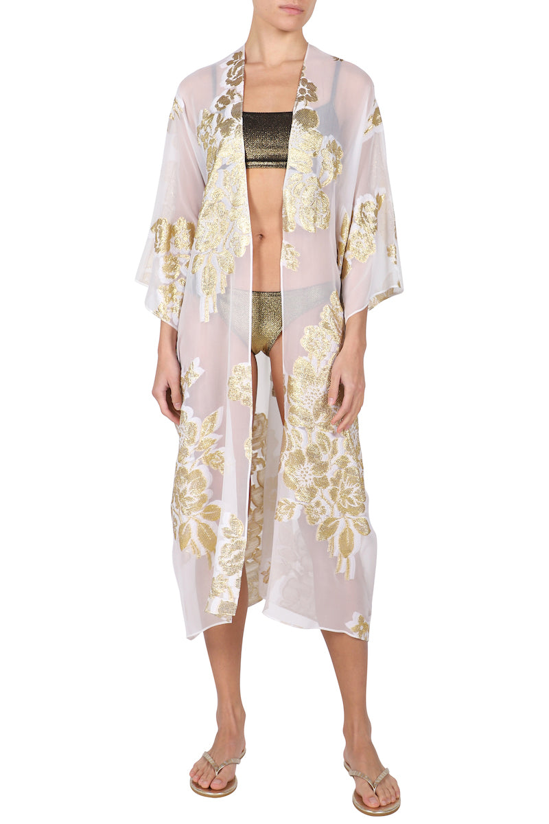 Metallic Silk Flower Babani Cover Up (White Gold White Roses)