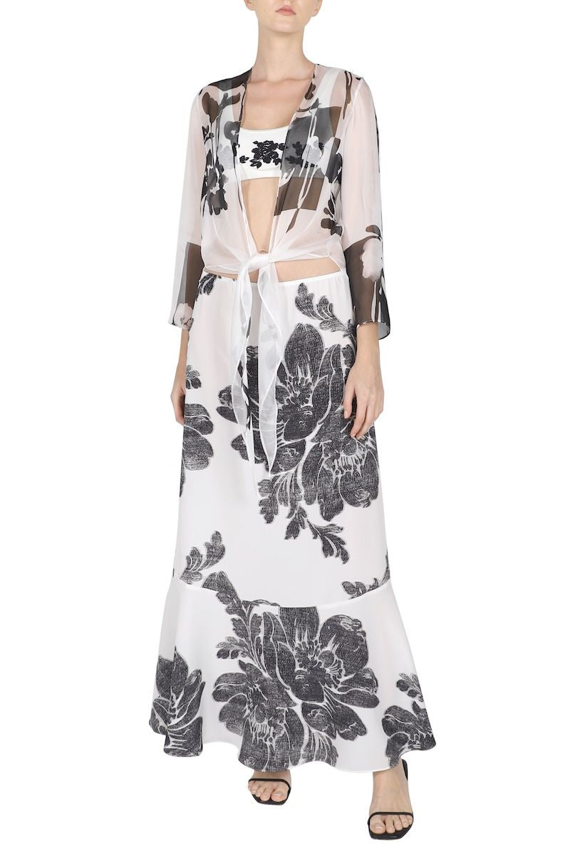 Short Printed Cover Up ( Graphic Flower Black White)