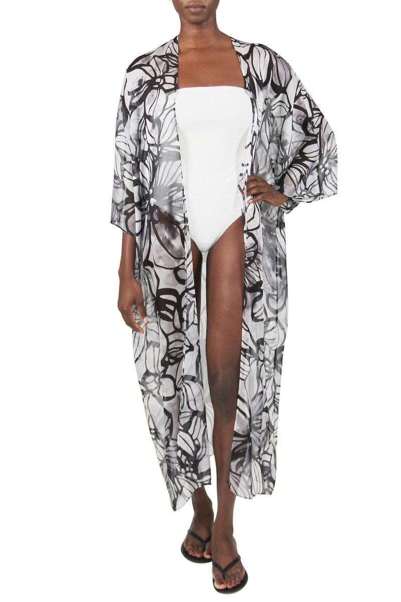 Printed Babani Cover Up ( Hibiscus White Black)