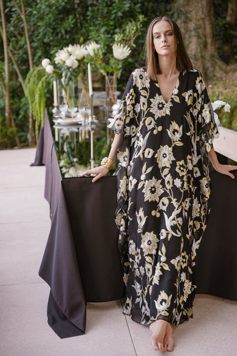 Metallic Floral Bouquet Silk Chiffon Boubou Caftan Luxury Gold and Silver Jacquard Kaftan One Size