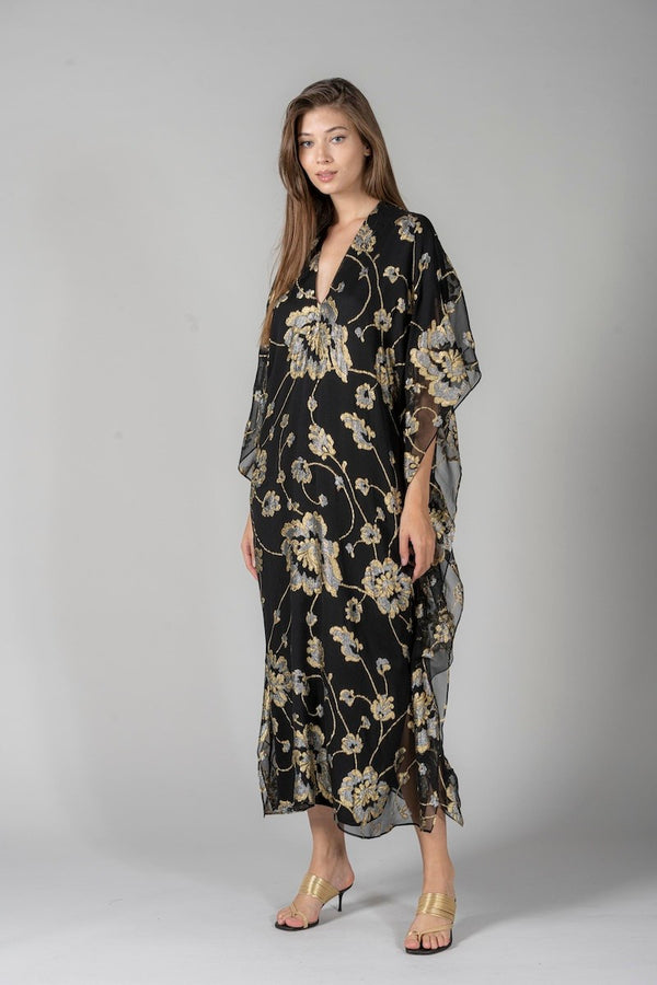 Silk Chiffon Floral Lurex Boubou Caftan One Size Luxury Gold & Silver Jacquard Evening Kaftan