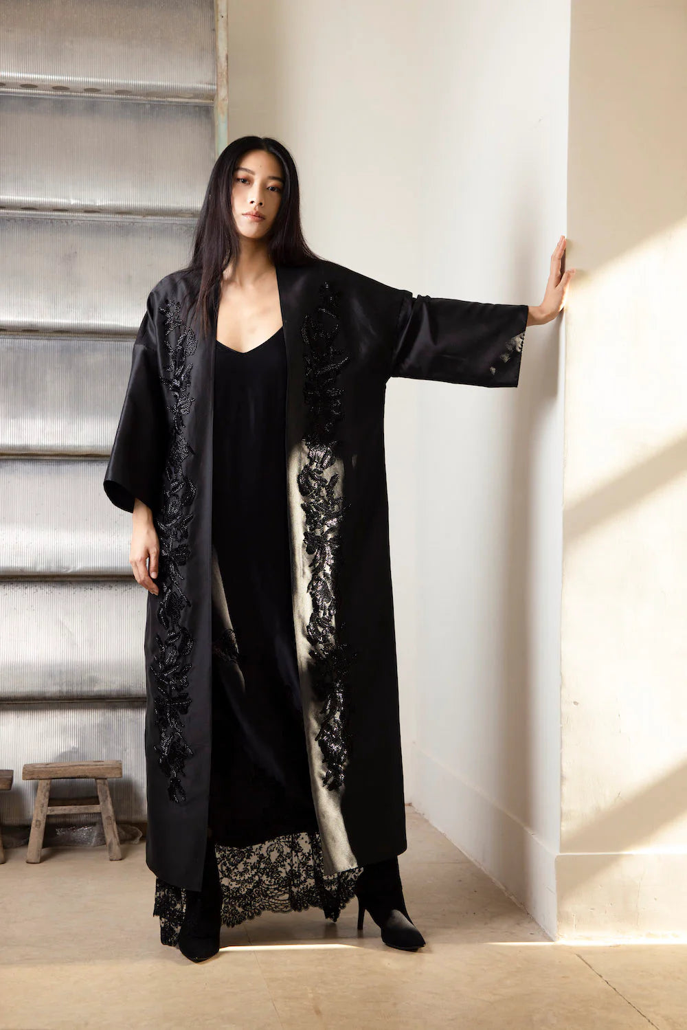 Embroidered Lace Velour Cami Dress in Black