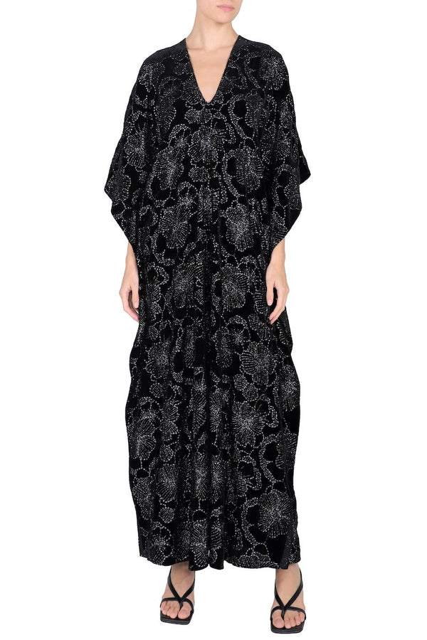 Embroidered Velour Silk Boubou Caftan One Size Luxury Black and Silver Evening Kaftan