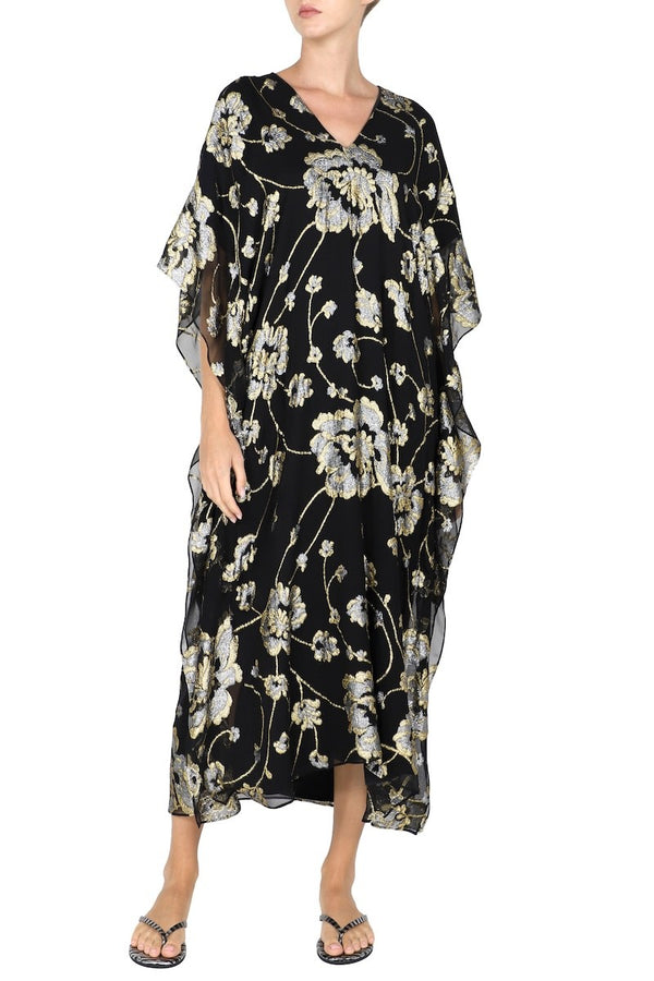 Silk Chiffon Floral Lurex Boubou Caftan One Size Luxury Gold & Silver Jacquard Evening Kaftan