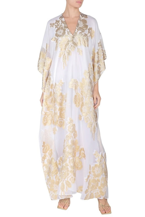 Metallic Rose Bouquet Boubou Caftan ( White Gold White Roses)