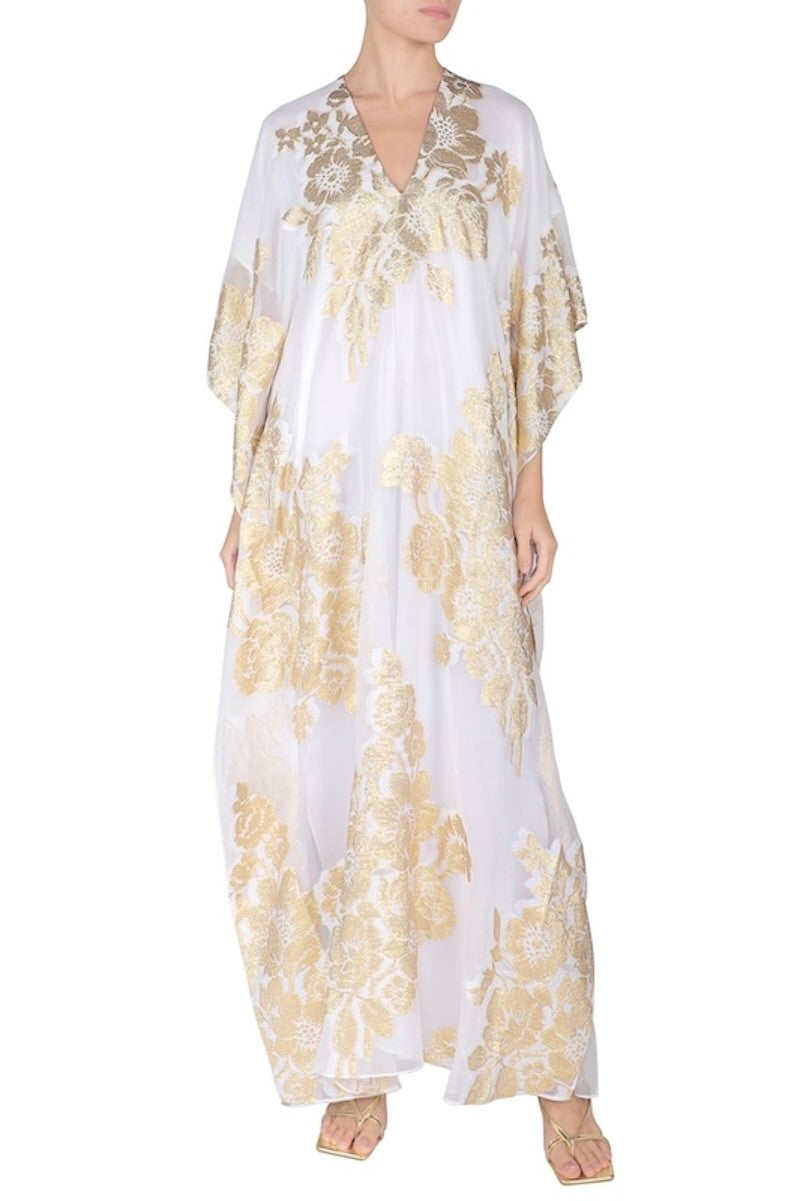 Metallic Rose Bouquet Boubou Caftan ( White Gold White Roses)