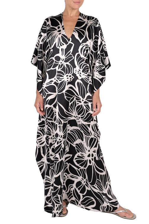 Silk Satin Hibiscus Boubou Caftan (Hibiscus Black White)