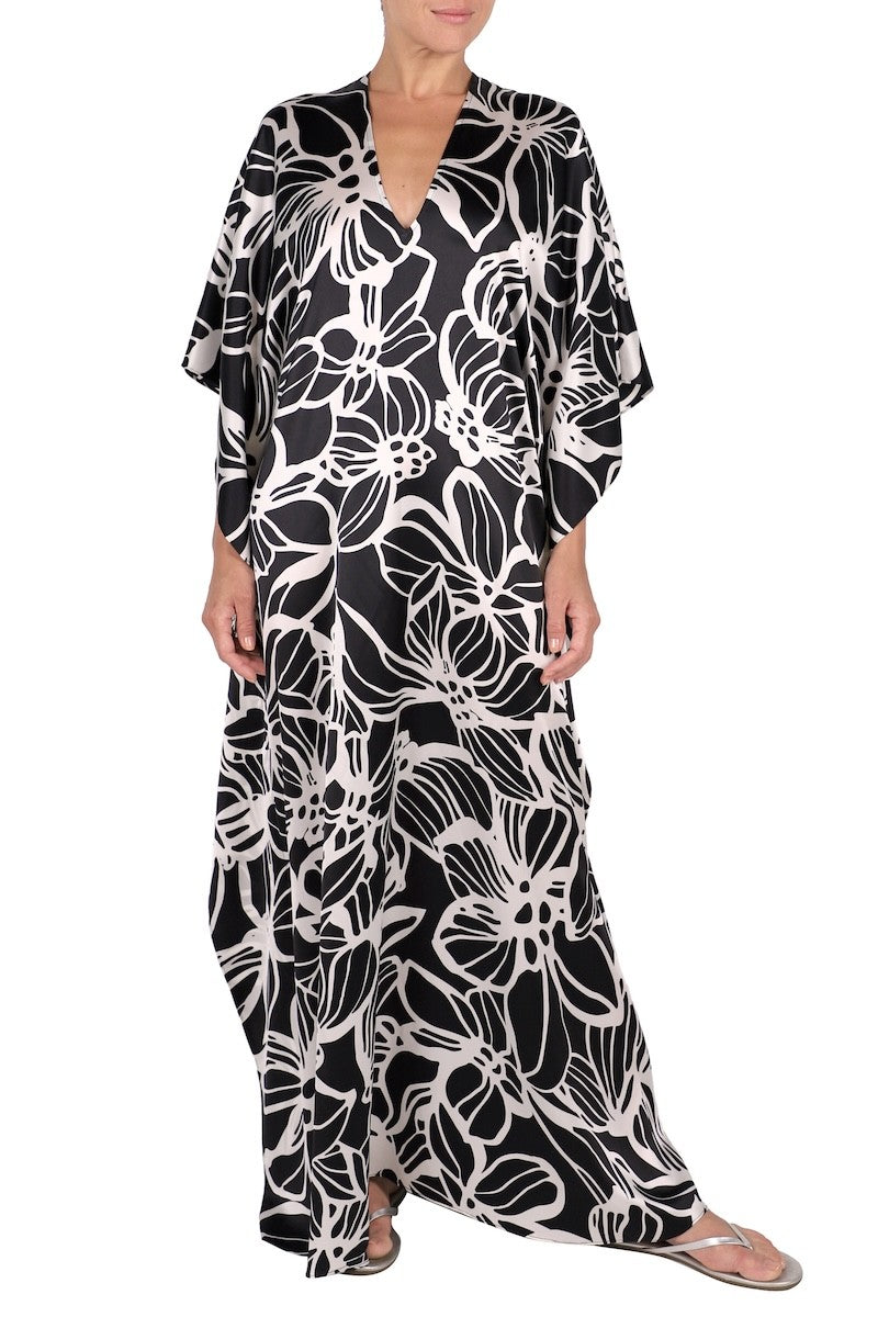 Silk Satin Hibiscus Boubou Caftan (Hibiscus Black White)