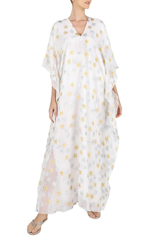 Big Star Silk Chiffon Boubou Caftan with Silver Lurex One Size Luxury Evening Kaftan