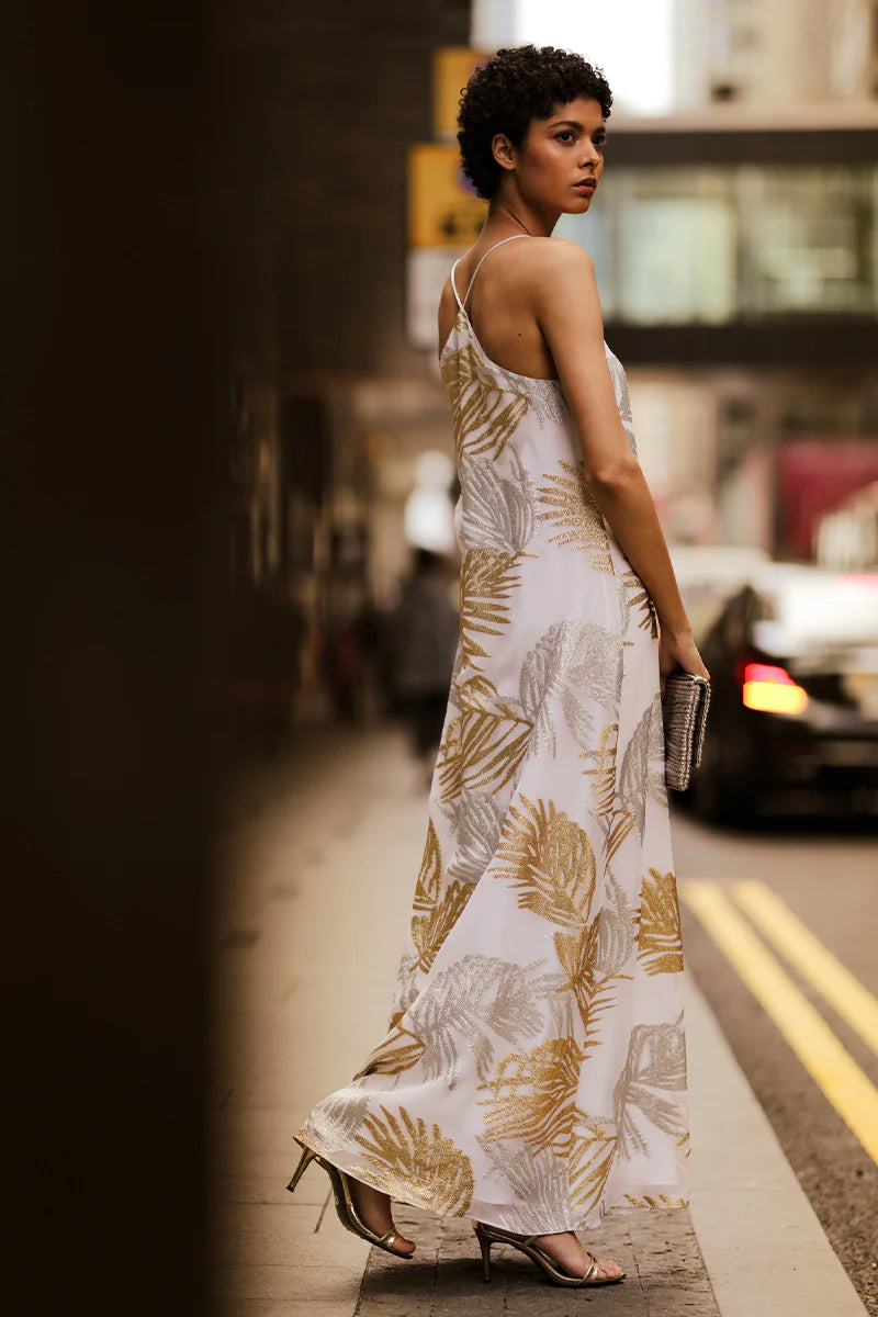 Lurex Palm Racer Back Sun Dress in White Gold and Silver