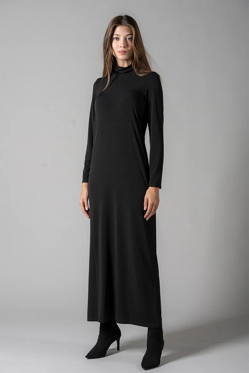 Luxury Black Turtleneck Jersey Maxi Dress for Women Wrinkle Free Travel Dress
