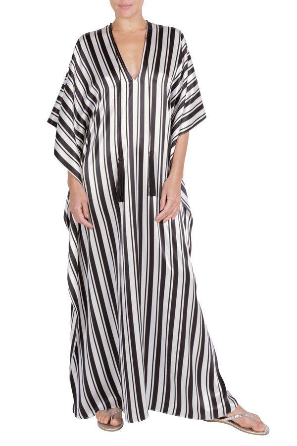 Printed Silk Satin Tassel Boubou Caftan Luxury One Size Striped Evening Kaftan