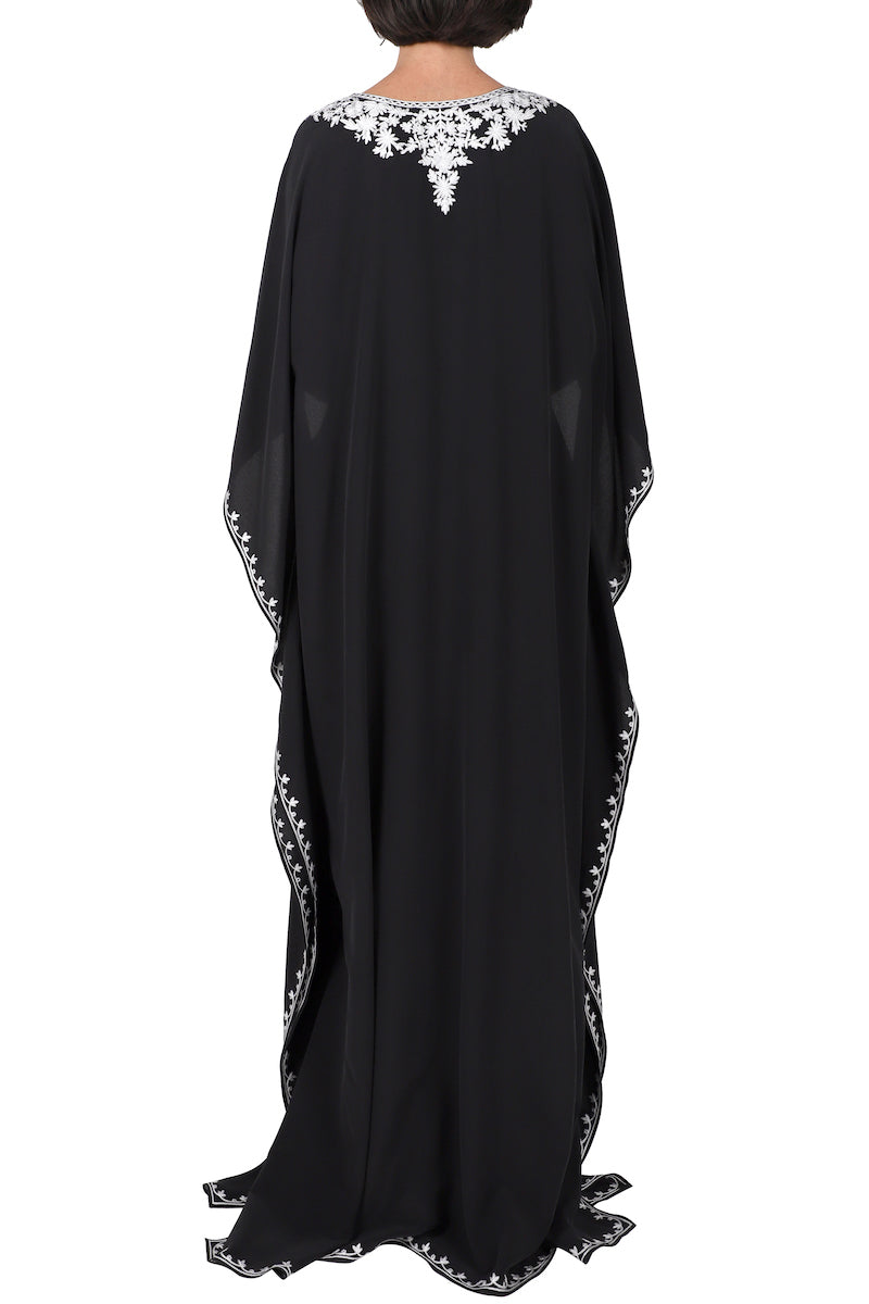 Silk Crepe de Chine Embroidered Boubou Caftan Luxury One Size Silk Kaftan with Detailed Neckline