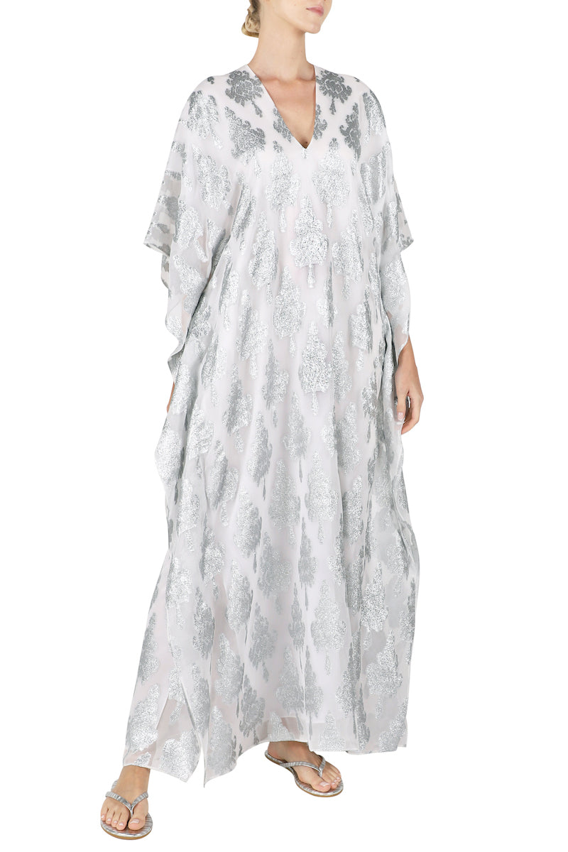 Metallic Zatic Silk Chiffon Boubou Caftan One Size Luxury Silver Jacquard Kaftan
