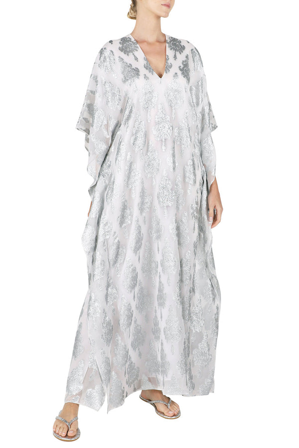 Metallic Zatic Silk Chiffon Boubou Caftan One Size Luxury Silver Jacquard Kaftan