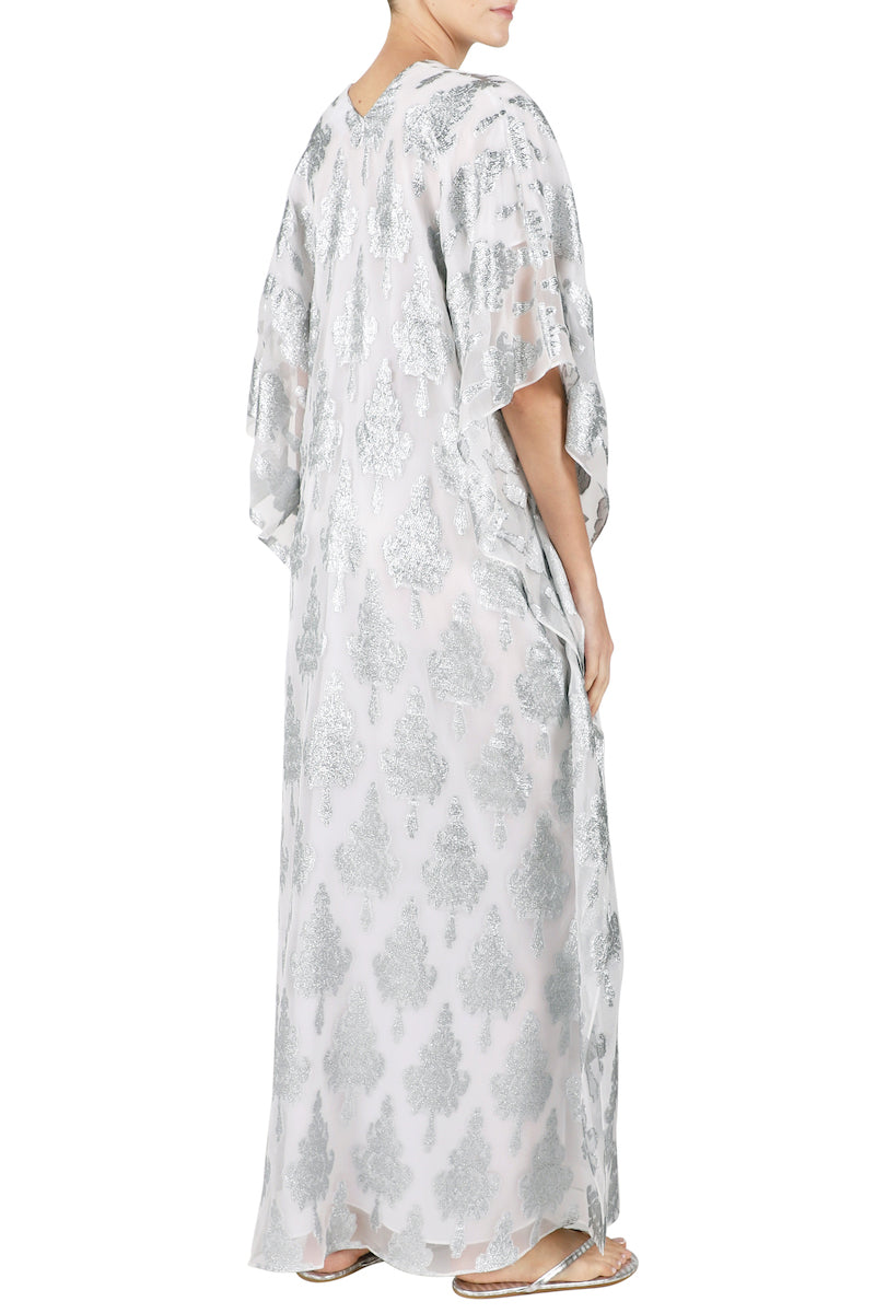 Metallic Zatic Silk Chiffon Boubou Caftan One Size Luxury Silver Jacquard Kaftan