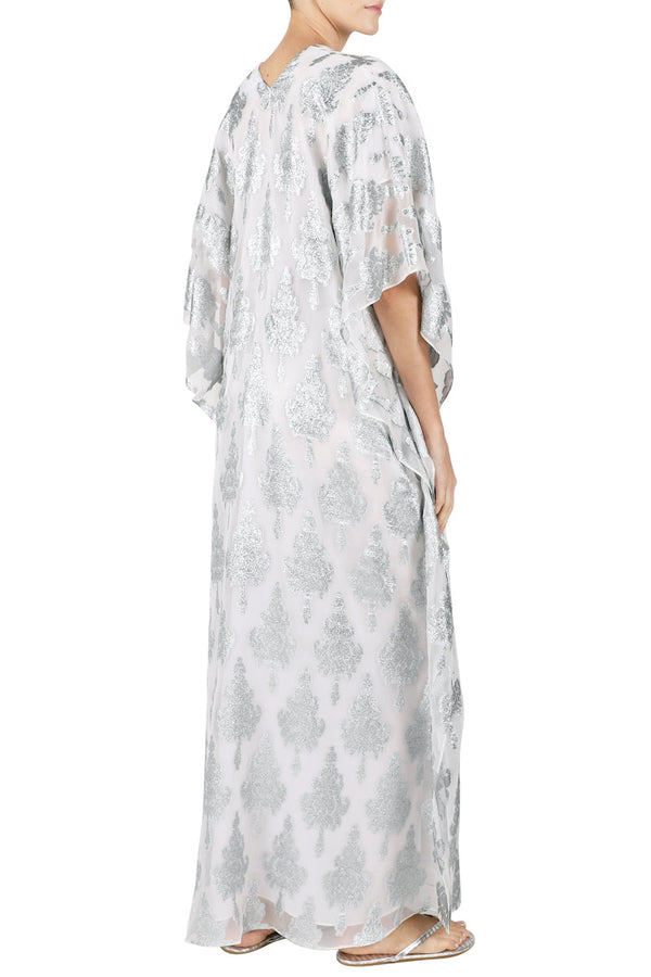 Metallic Zatic Silk Chiffon Boubou Caftan One Size Luxury Silver Jacquard Kaftan