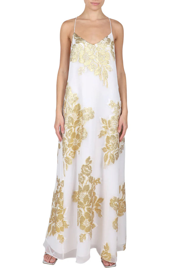 Rose Bouquet Racer Back Sun Dress in White and Gold