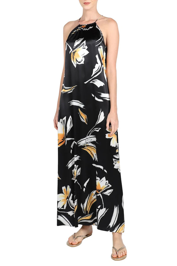 Luxury Printed Racer Back Silk Satin Long Dress for Women