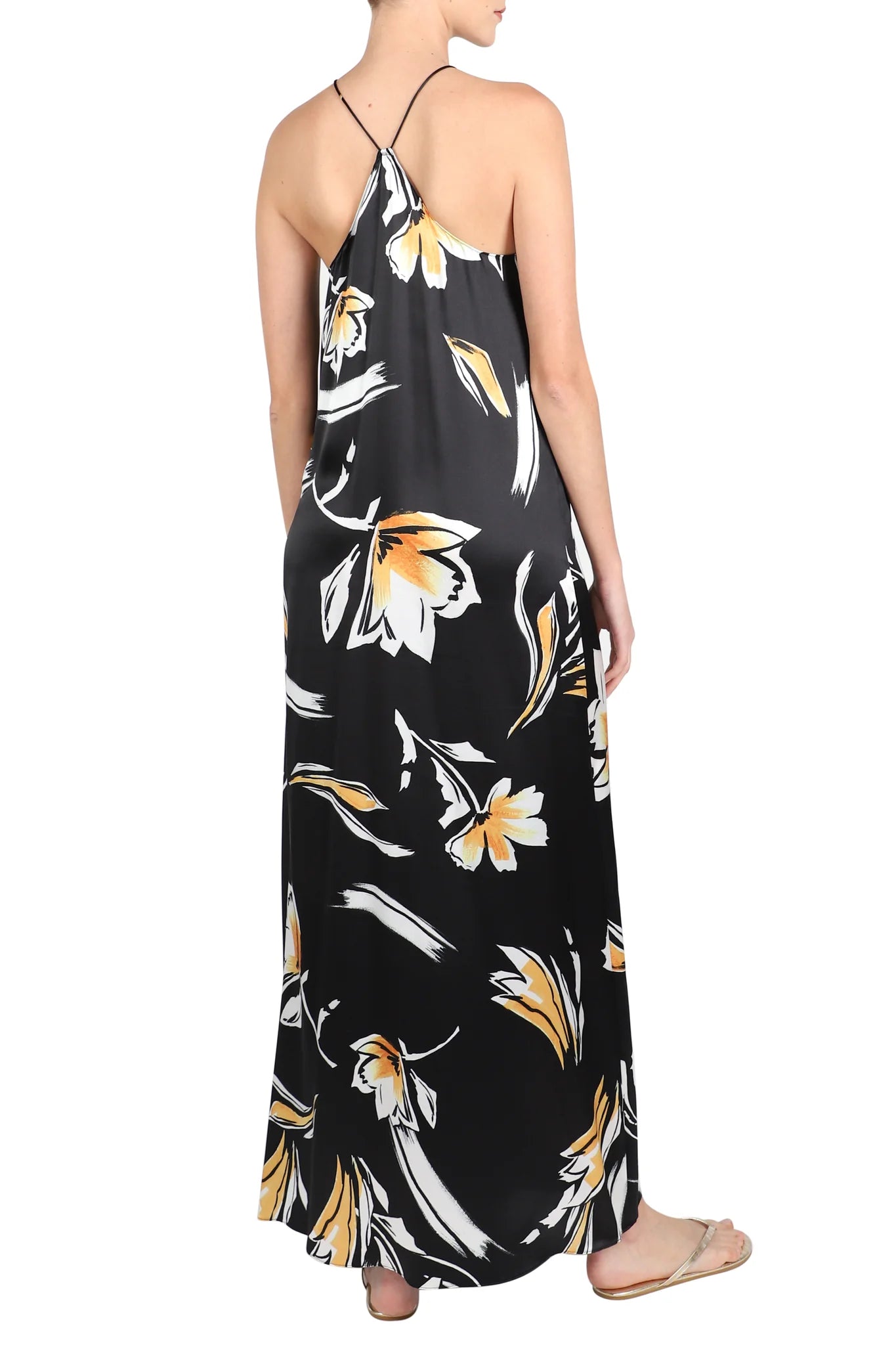 Luxury Printed Racer Back Silk Satin Long Dress for Women