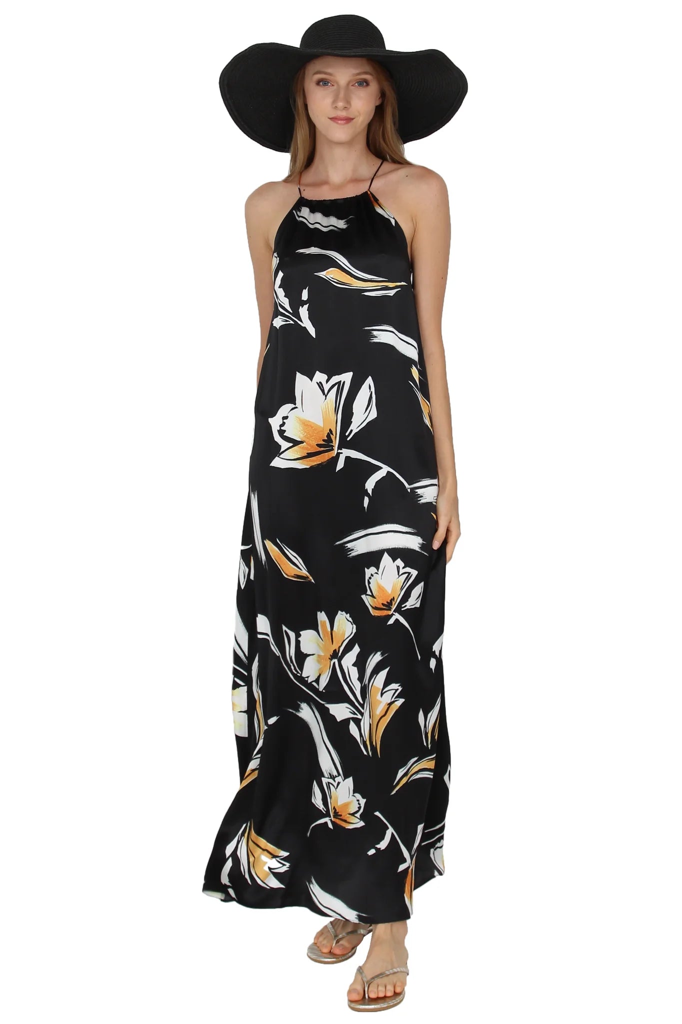 Luxury Printed Racer Back Silk Satin Long Dress for Women
