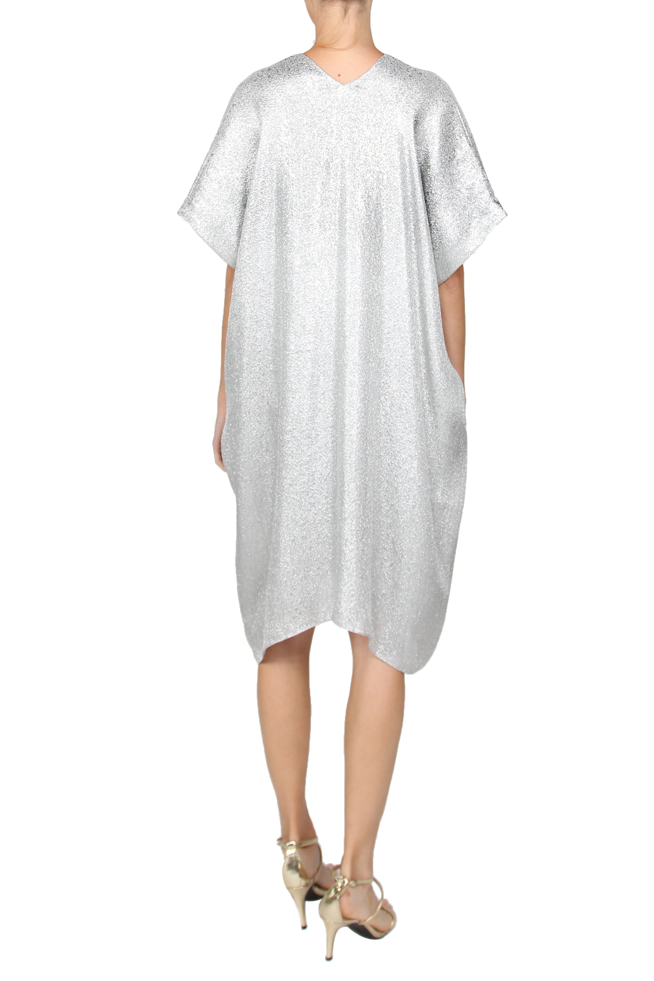 Midi Metallic Silk Chiffon Boubou Caftan One Size Luxury Silver Evening Kaftan