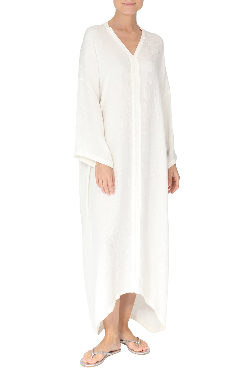 Silk Croco Jacquard Long Sleeve Boubou Caftan One Size Luxury White Full-Length Kaftan