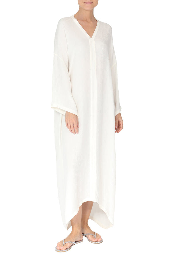 Silk Croco Jacquard Long Sleeve Boubou Caftan One Size Luxury White Full-Length Kaftan