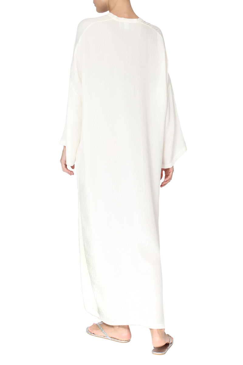 Silk Croco Jacquard Long Sleeve Boubou Caftan One Size Luxury White Full-Length Kaftan